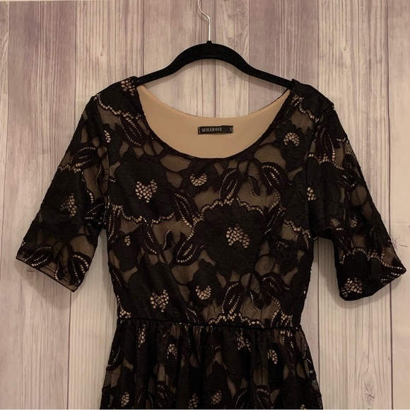 Mikarose Black and Tan Lace Modest Midi Dress Size Small S - Picture 2 of 4